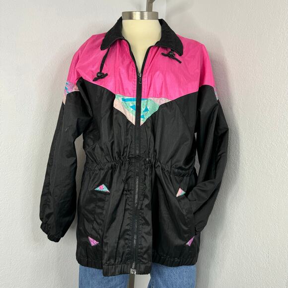 Vintage 80s 90s Zip Windbreaker Bomber Jacket Black Neon Pink Oversized - Picture 2 of 8